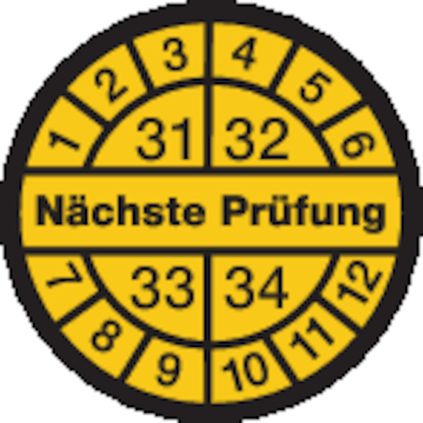 Prüfplakette, Nächste Prüfung, schwarz/gelb, Folie, Ø 12,5/30 mm - Bogen = 10 Plaketten