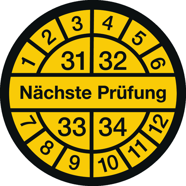 Prüfplakette, Nächste Prüfung, schwarz/gelb, Dokumentenfolie, Ø 12,5/30 mm - Bogen = 10 Plaketten