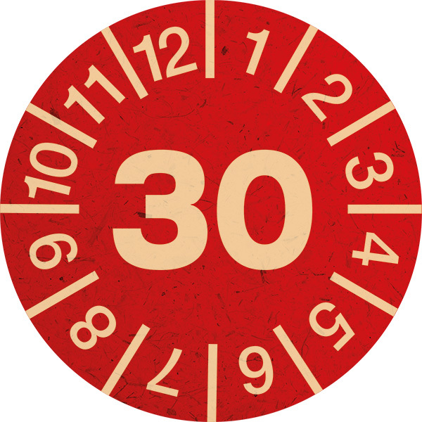 Jahresprüfplakette, Graspapier, Jahresfarben, Ø 30 mm - Bogen = 10 Plaketten