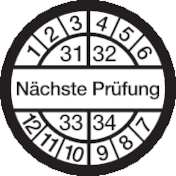 Prüfplakette, Nächste Prüfung, weiß/schwarz, Ø 16 mm - Bogen = 10 Plaketten