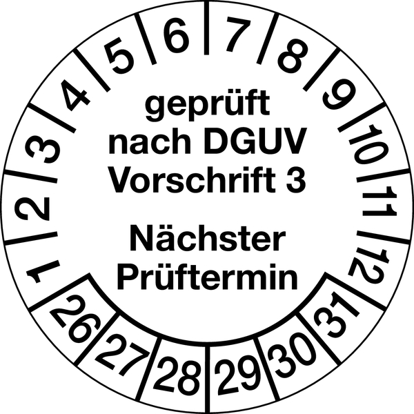 Prüfplakette, DGUV Vorschrift 3 Nächster Prüftermin, Jahresfarben, Ø20mm, Folie - Bogen = 10 Stück