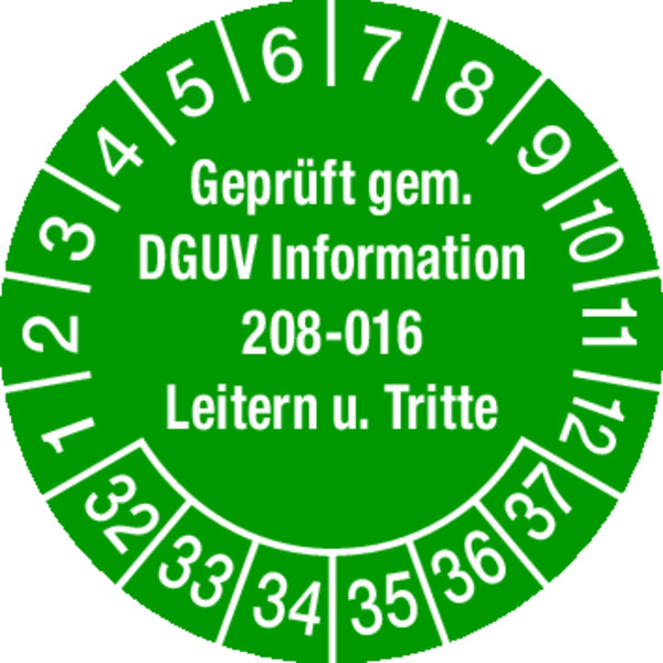 Prüfplakette, DGUV Information 208-016 Leitern und Tritte, grün/weiß, Ø 30 mm - Bogen = 10 Plaketten