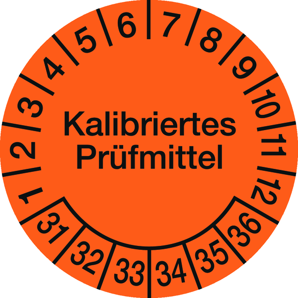 Prüfplakette, Kalibriertes Prüfmittel, Orange/Schwarz, Folie, Ø 30´mm - Bogen = 10 Plaketten