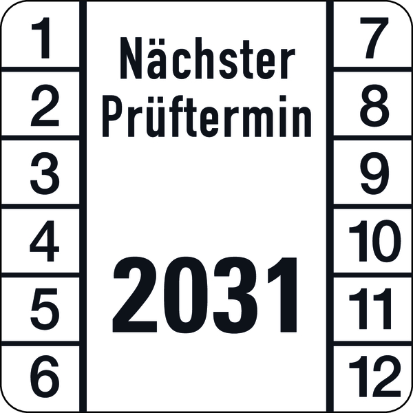 Prüfplakette, Nächster Prüftermin, Jahresfarben, Folie, 30 x 30 mm - Bogen = 10 Plaketten