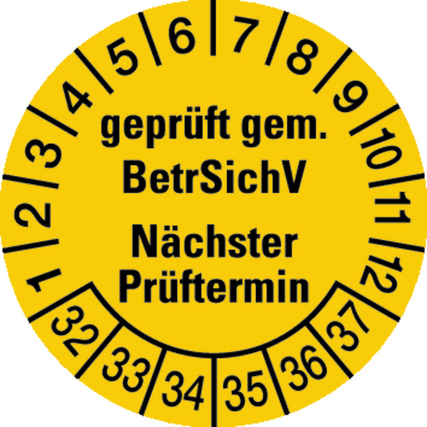 Prüfplakette, BetrSichV Nächster Prüftermin, gelb/schwarz, Folie, Ø 30 mm - Bogen = 10 Plaketten 606032_ef.jpg