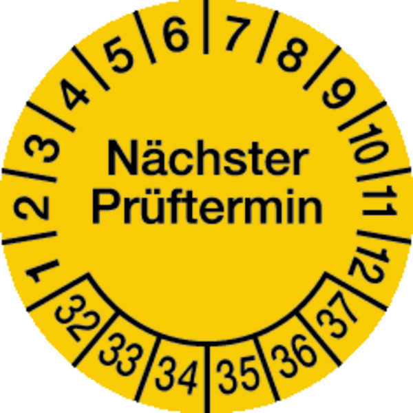 Prüfplakette, Nächster Prüftermin, Folie, gelb/schwarz, Ø 20 mm - Bogen = 10 Plaketten