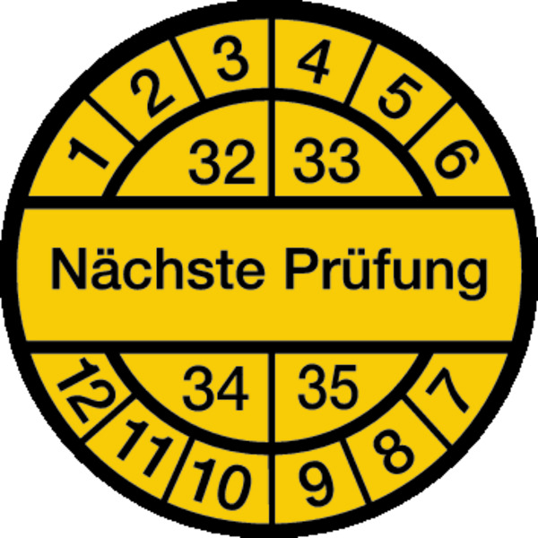 Prüfplakette, Nächste Prüfung, schwarz/gelb, Dokumentenfolie, Ø 12,5/30 mm - Bogen = 10 Plaketten