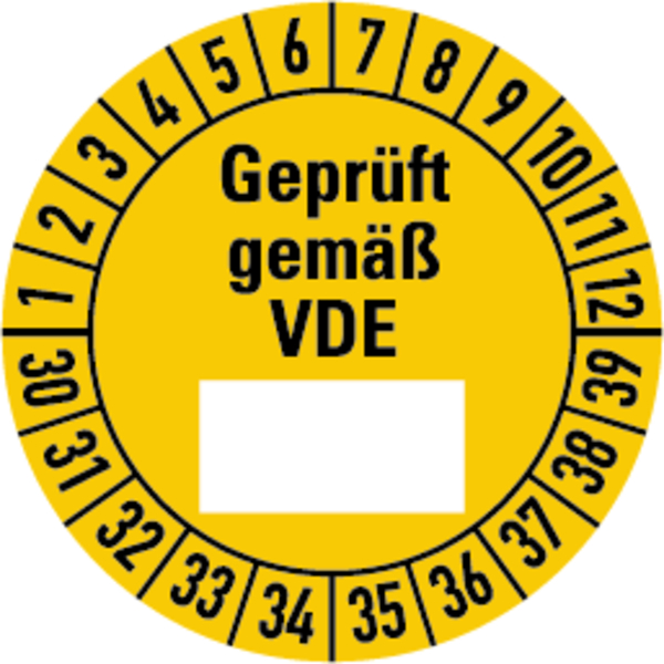 Prüfplakette, Geprüft gemäß VDE (Freifeld), gelb/schwarz, Folie, Ø 30 mm - Bogen = 10 Plaketten