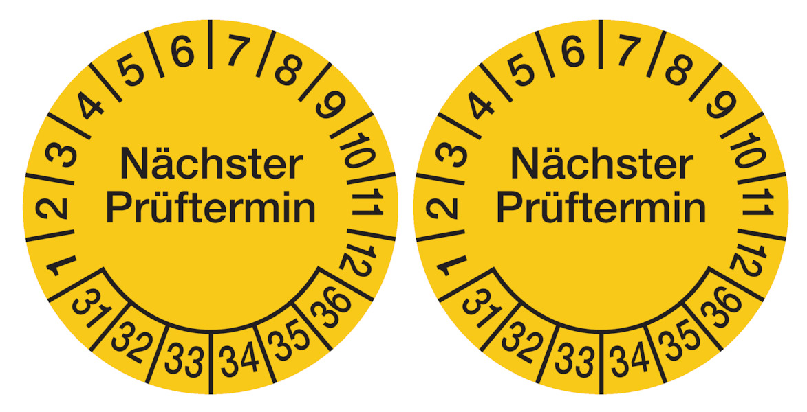 Prüfplakette, Nächster Prüftermin, Folie, gelb/schwarz, Ø 100 mm - Bogen = 2 Plaketten 466431_ef.jpg