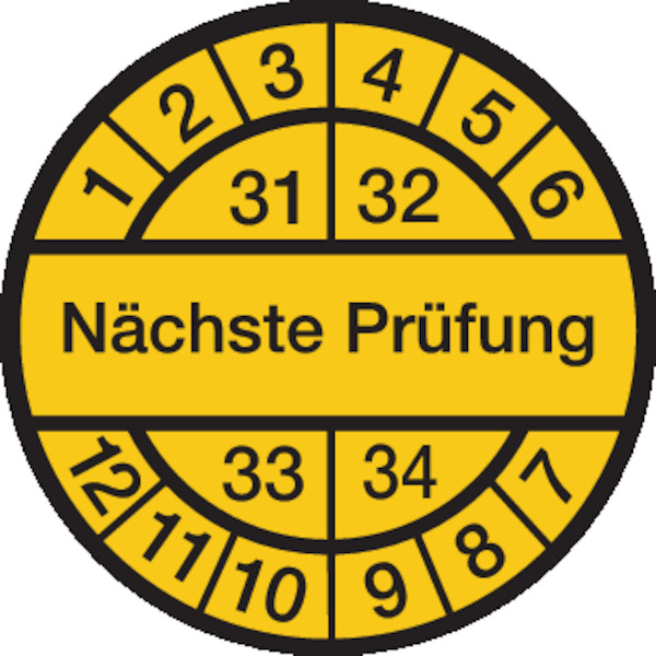 Prüfplakette, Nächste Prüfung, schwarz/gelb, Dokumentenfolie, Ø 12,5/30 mm - Bogen = 10 Plaketten