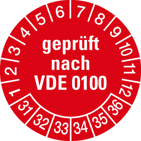 Prüfplakette, geprüft nach VDE 0100, rot/weiß, Folie, Ø 30 mm - Bogen = 10 Plaketten