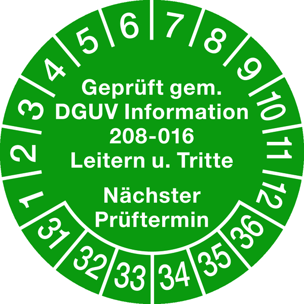Prüfplakette, DGUV Information 208-016 Nächster Prüftermin, grün/weiß, Ø 30 mm - Bogen = 10 Stk.