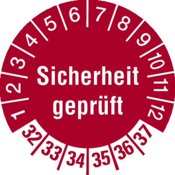 Prüfplakette, Sicherheit geprüft, Rot/Weiß, Folie, Ø 30 mm - Bogen = 10 Plaketten