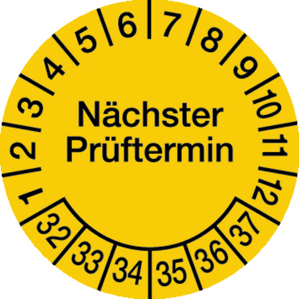Prüfplakette, Nächster Prüftermin, Folie, gelb/schwarz, Ø 30 mm - Bogen = 10 Plaketten