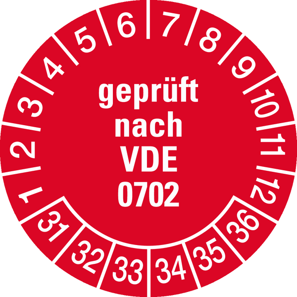 Prüfplakette, geprüft nach VDE 0702, rot/weiß, Ø 30 mm - Bogen = 10 Plaketten