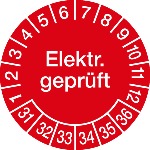 Prüfplakette, Elektr. geprüft, rot/weiß, Ø 20 mm - Bogen = 10 Plaketten