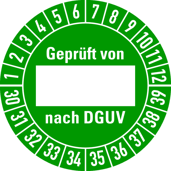 Prüfplakette, Geprüft von (Freifeld) nach DGUV, grün/weiß, Folie, Ø 30 mm - Bogen = 10 Plaketten