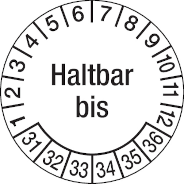 Prüfplakette, Haltbar bis, Ø 30 mm, Dokumentenfolie - Bogen = 10 Stück