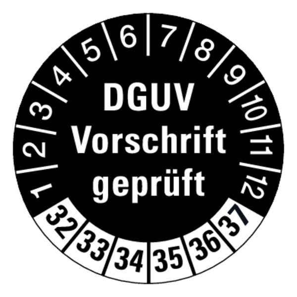 Prüfplakette, DGUV Vorschrift geprüft, schwarz/weiß, Ø 30 mm - Bogen = 10 Plaketten