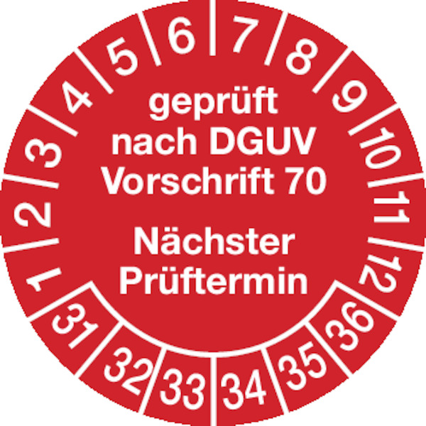 Prüfplaketten, DGUV Vorschrift 70 Nächster Prüftermin, rot/weiß, Folie, Ø 30 mm - Bogen = 10 Stk.