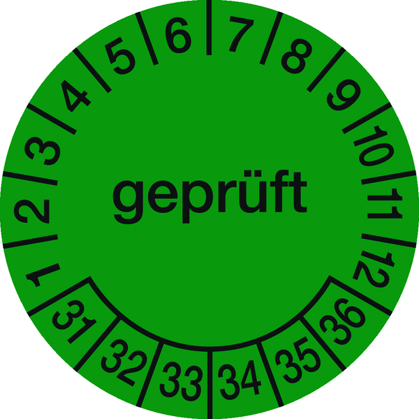 Prüfplakette, geprüft, grün/schwarz, Folie, Ø 30 mm - Bogen = 10 Plaketten
