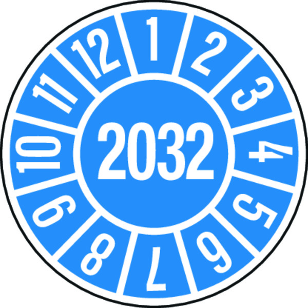 Jahresprüfplakette, blau/weiß Ø 35mm - Bogen = 10 Plakettenn