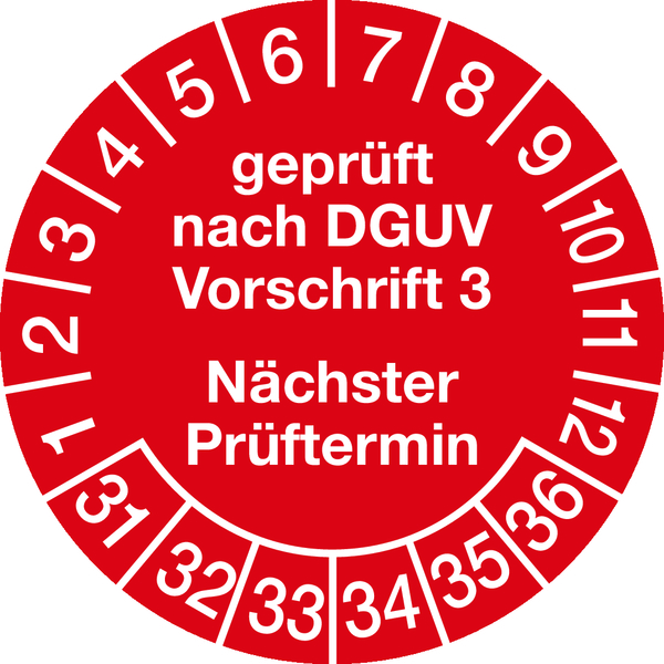Prüfplakette, DGUV Vorschrift 3 Nächster Prüftermin, rot/weiß, Folie, Ø 30mm - Bogen = 10 Plaketten