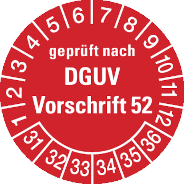 Prüfplakette, geprüft nach DGUV Vorschrift 52, rot/weiß, Folie, Ø 30 mm - Bogen = 10 Plaketten