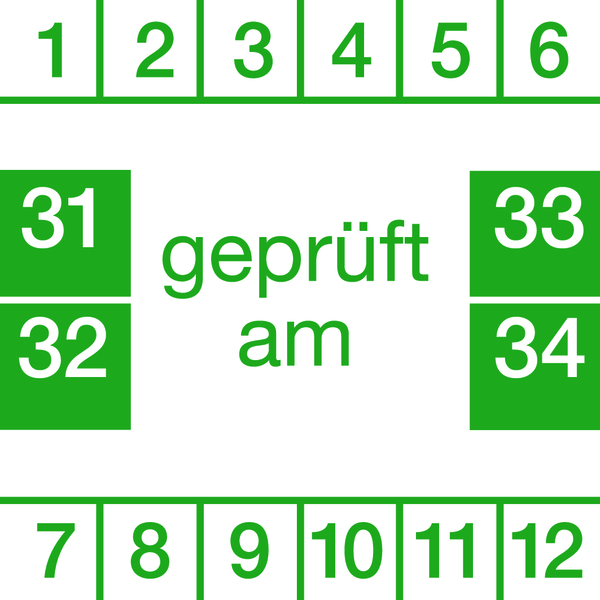 Prüfplakette, "geprüft am", grün/weiß, Folie, 30 x 30 mm - Bogen = 10 Plaketten