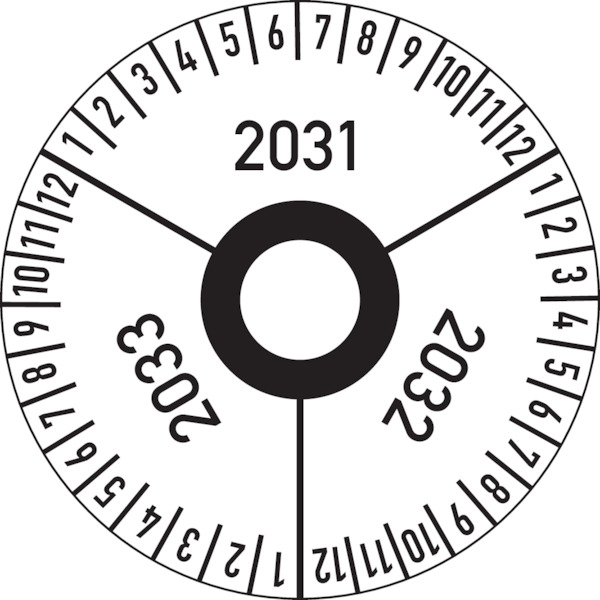 Drei-Jahres-Prüfplakette, Jahresfarben, Folie, Ø 30 mm - Bogen = 10 Plaketten