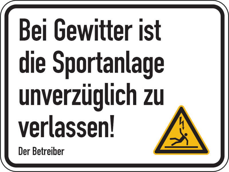 Hinweisschild, Bei Gewitter Sportanlage verlassen, Aluverbund, 300 x 400 mm