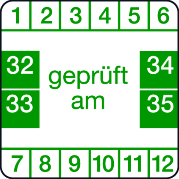 Prüfplakette, "geprüft am", grün/weiß, Folie, 30 x 30 mm - Bogen = 10 Plaketten