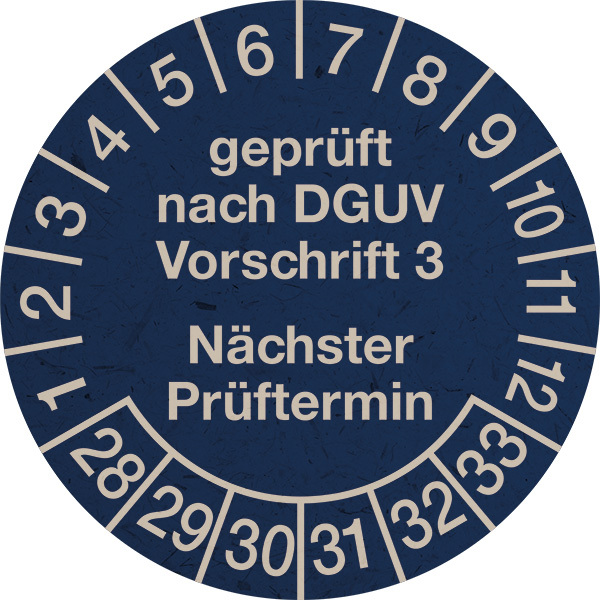 Prüfplakette, DGUV V3 Nächster Prüftermin, Graspapier, Jahresfarben, Ø 30 mm - Bogen = 10 Plaketten