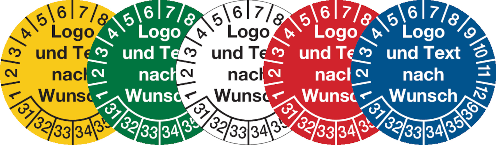 Prüfplaketten, Logo und Text nach Wunsch, Dokumentenfolie, Ø 20 - 40 mm - Bogen = 10 Stk.