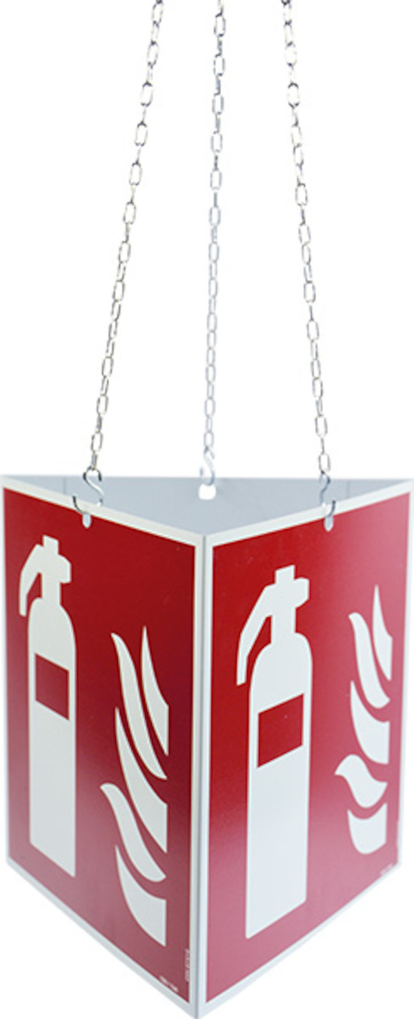 Brandschutzzeichen, Prismenschild Feuerlöscher zur Deckenmontage - ASR A1.3 (DIN EN ISO 7010)