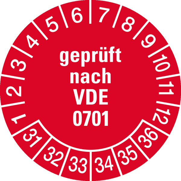Prüfplakette, geprüft nach VDE 0701, rot/weiß, Ø 30 mm - Bogen = 10 Plaketten