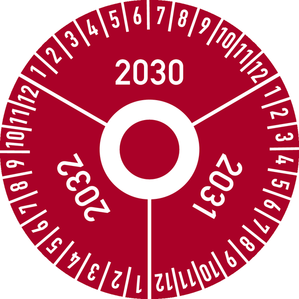 Drei-Jahres-Prüfplakette, Jahresfarben, Folie, Ø 30 mm - Bogen = 10 Plaketten