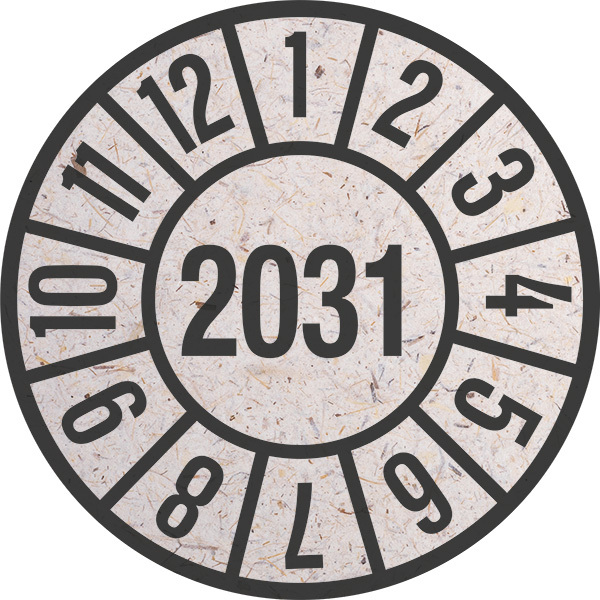 Jahresprüfplakette, Graspapier, Jahresfarben, Ø 35 mm - Bogen = 10 Plaketten