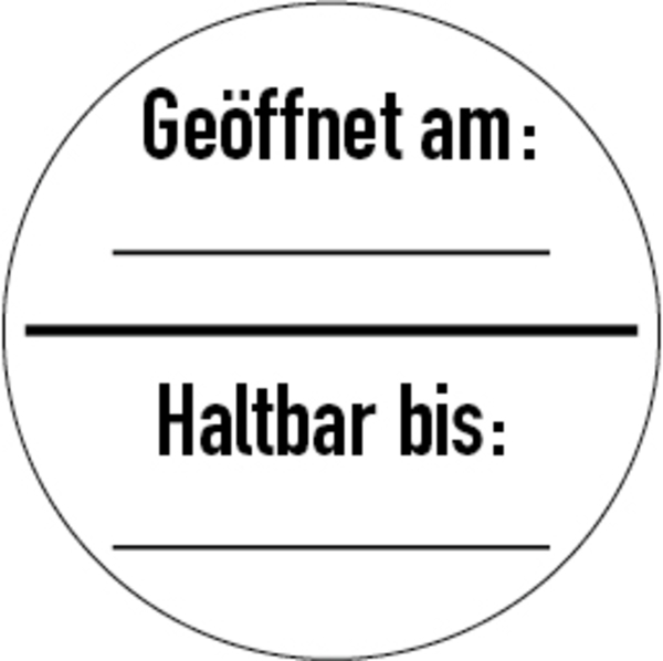 Prüfplakette, Geöffnet am: / Haltbar bis:, Ø 30 mm, Dokumentenfolie - Bogen = 10 Stück