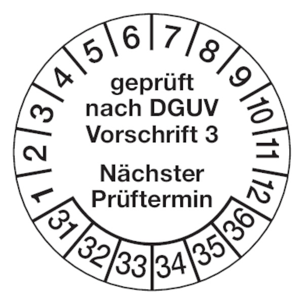Prüfplakette, DGUV Vorschrift 3 Nächster Prüftermin, Jahresfarben, Ø30mm, Folie - Bogen = 10 Stück