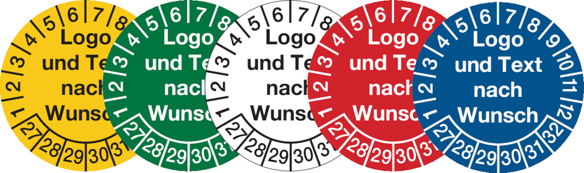 Prüfplaketten, Logo und Text nach Wunsch, Dokumentenfolie, Ø 20 - 40 mm - Bogen = 10 Stk.