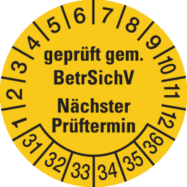 Prüfplakette, BetrSichV Nächster Prüftermin, gelb/schwarz, Folie, Ø 30 mm - Bogen = 10 Plaketten