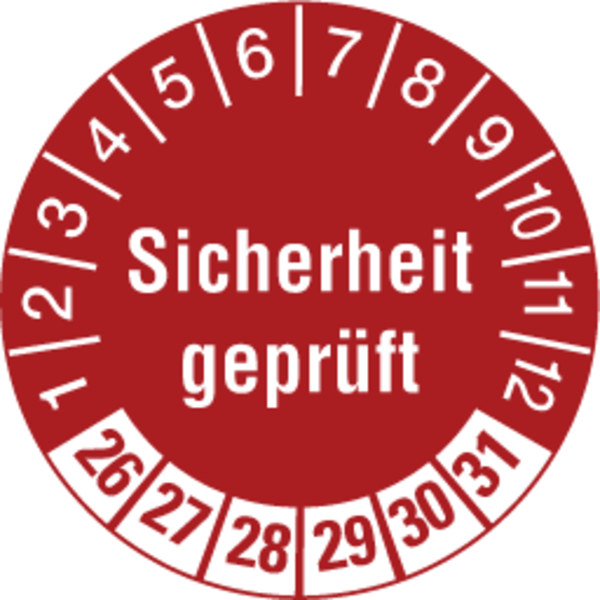 Prüfplakette, Sicherheit geprüft, Rot/Weiß, Folie, Ø 30 mm - Bogen = 10 Plaketten