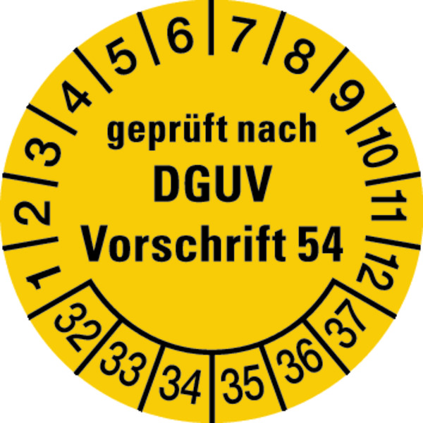 Prüfplakette, geprüft nach DGUV Vorschrift 54, gelb/schwarz, Folie, Ø 30mm - Bogen = 10 Plaketten 66532_ef.jpg