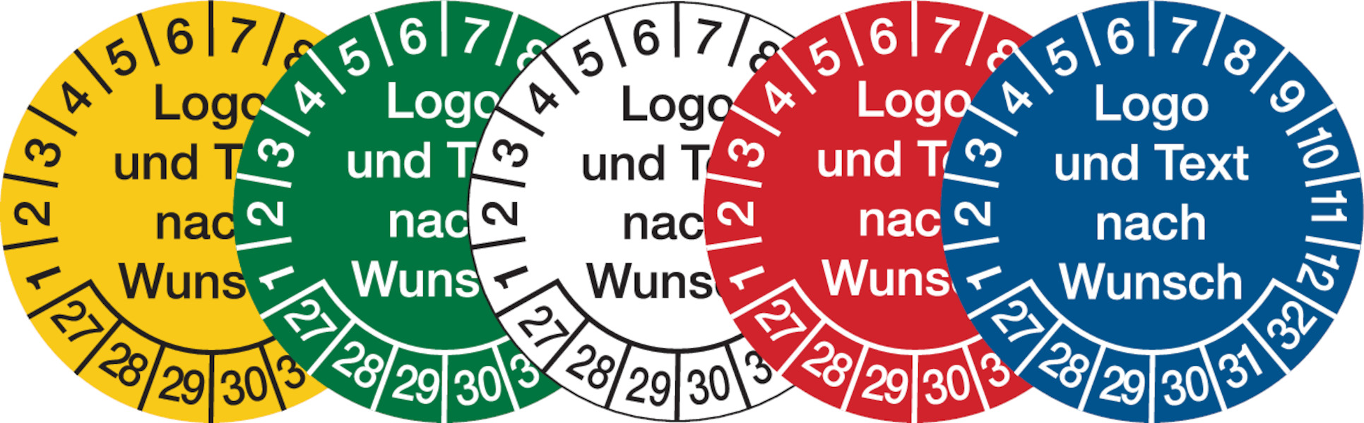 Prüfplaketten, Logo und Text nach Wunsch, Folie, Ø 20 - 40 mm - Bogen = 10 Stk.