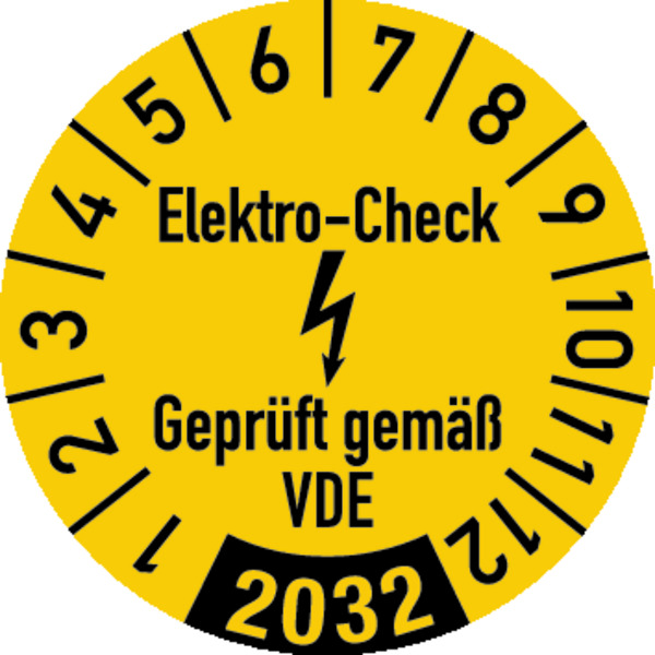 Jahresprüfplakette, Elektro-Check Geprüft gem. VDE, gelb/schwarz, Folie, Ø 30 mm - Bogen = 10 Stk. 596932_ef.jpg