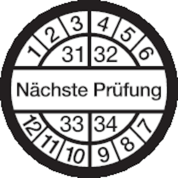 Prüfplakette, Nächste Prüfung, weiß/schwarz, Ø 16 mm - Bogen = 10 Plaketten