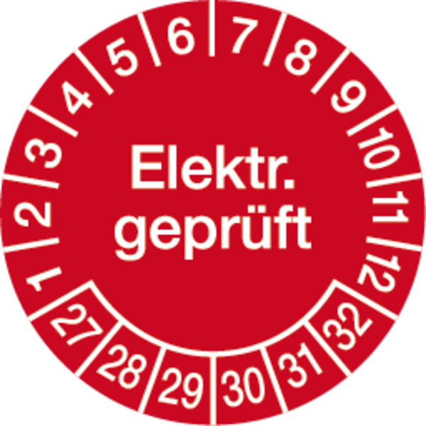 Prüfplakette, Elektr. geprüft, rot/weiß, Ø 30 mm, Folie - Bogen = 10 Plaketten