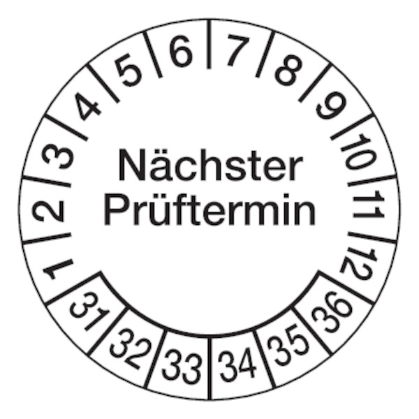 Prüfplakette, Nächster Prüftermin, Jahresfarben, Folie, Ø 30mm - Bogen = 10 Stück