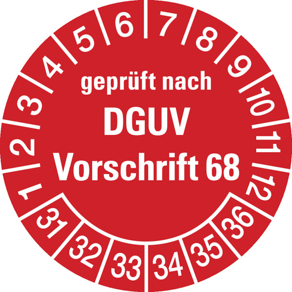 Prüfplaketten, geprüft nach DGUV Vorschrift 68, rot/weiß, Folie, Ø 30mm - Bogen = 10 Plaketten